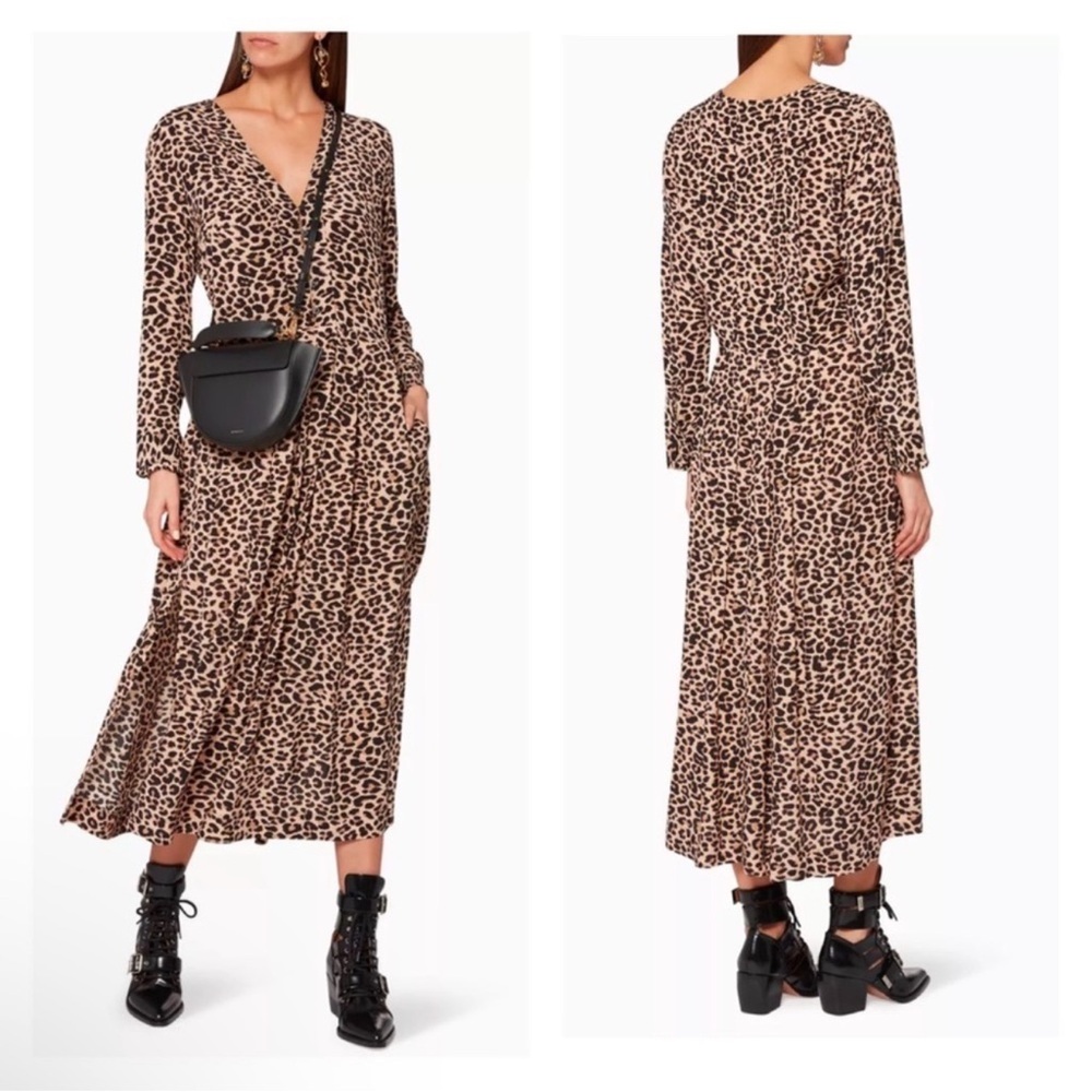 New! Zadig & Voltaire Roux Leopard Print Long Sleeve Relaxed Fit Midi Dress